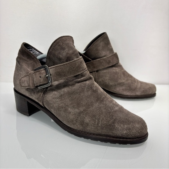 Stuart Weitzman Gray Tan Suede Buckle Strap Accent Desert Booties Size 8 - Picture 11 of 11
